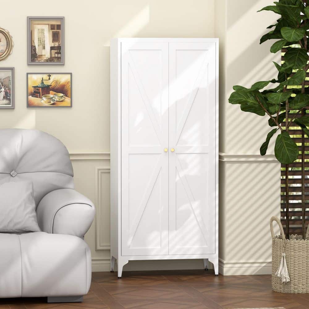 White Metal 27.55 in. W x 65 in. H Pantry Cabinet / Storage Cabinet with 2-Doors and Adjustable Shelves