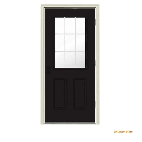 Jeld Wen 30 In X 80 In 9 Lite Black Painted W White Interior Steel Prehung Left Hand Outswing Back Door W Brickmould Thdjw184600125 The Home Depot