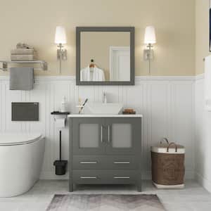 Ravenna 30 in. W Bathroom Vanity in Grey with Single Basin in White Engineered Marble Top and Mirror