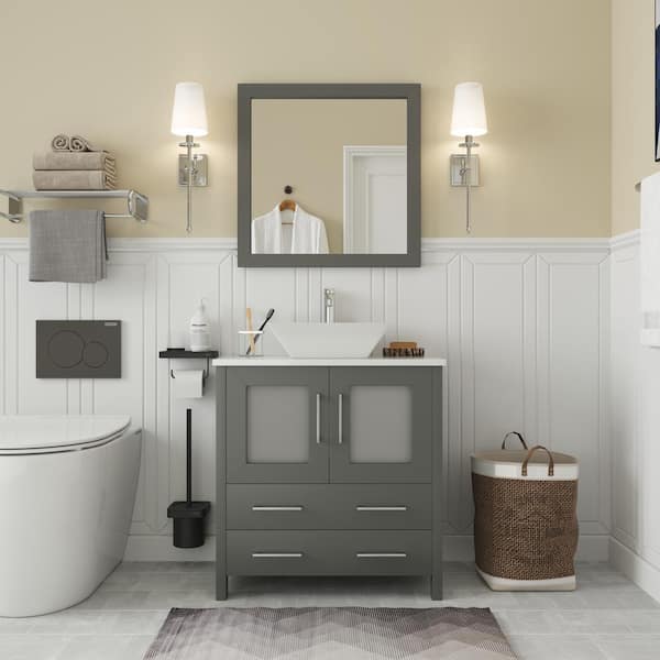 Vanity Art Ravenna 30 in. W Bathroom Vanity in Grey with Single Basin in White Engineered Marble Top and Mirror