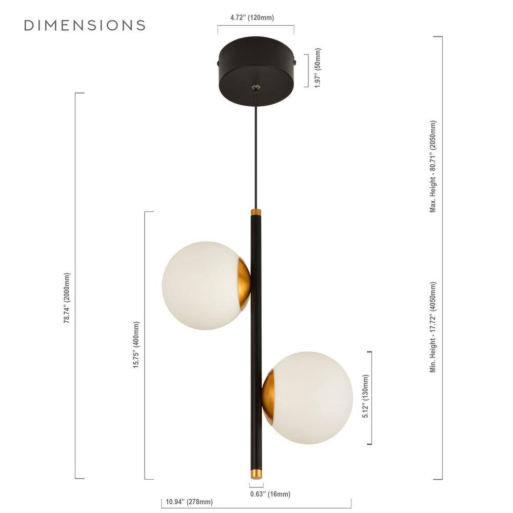 Capri Adjustable Height 11" Black and Gold LED Pendant with Glass Globes