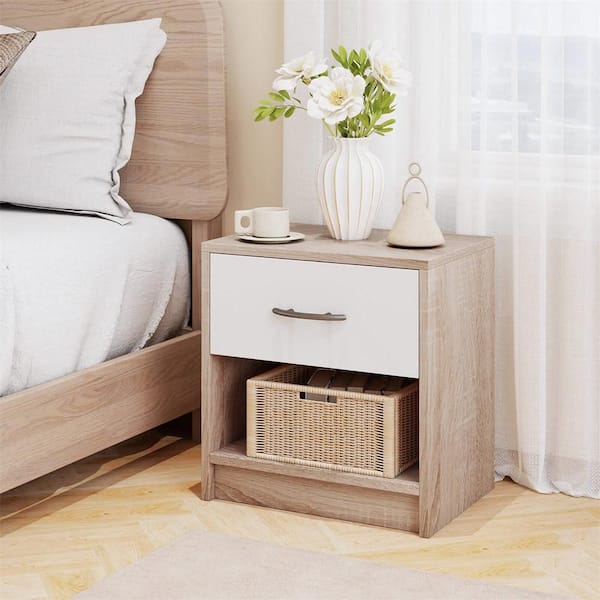 Natural and White 1-Drawer 15 in. Modern Nightstand Bedside Table with Drawer Open Storage Shelf for Small Spaces
