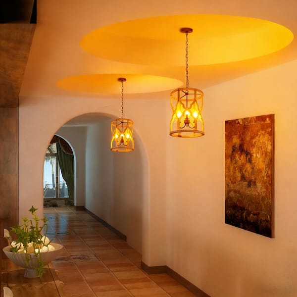 Grain Farmhouse 3-Light Rust Bronze Drum Cage Chandelier Rustic Distressed Wood Openwork Candlestick Pendant Light