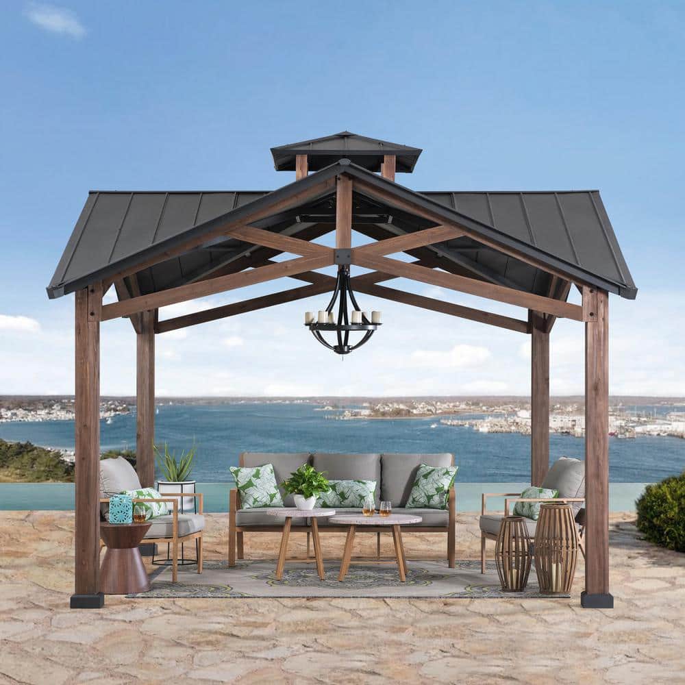 Sunjoy 12.5 ft Cedar Frame Gazebo with Black Steel Roof