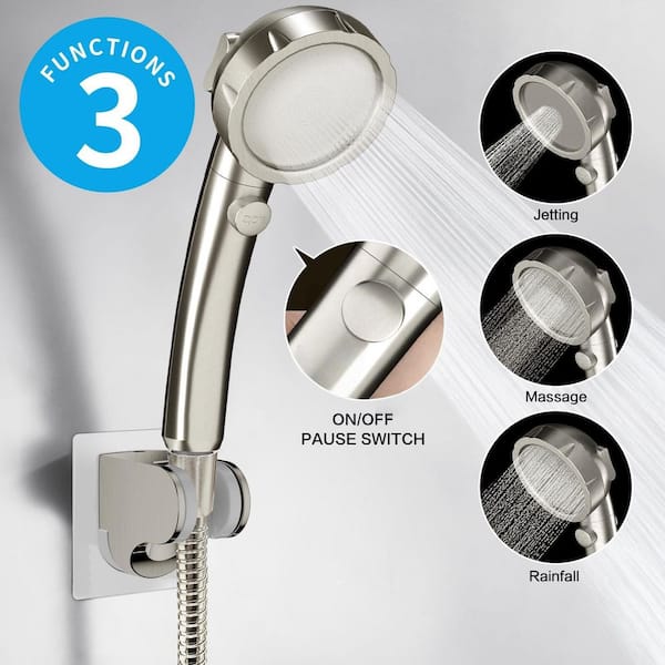1-Piece Drill-Free High Pressure Handheld Shower Head in Brushed Nickel with On/Off Switch, 3 Spray Modes, Bracket Hose