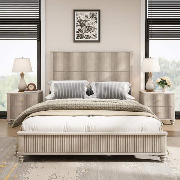 Horizon Beige Wood Frame Queen Size Platform Bed with Tall Headboard, Rubberwood