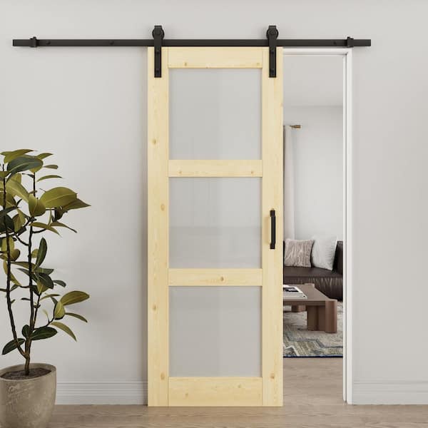 ARK DESIGN 30 in. x 80 in. 3 Lite Tempered Frosted Glass Unfinished Solid Core Pine Wood Sliding Barn Door with Hardware Kit