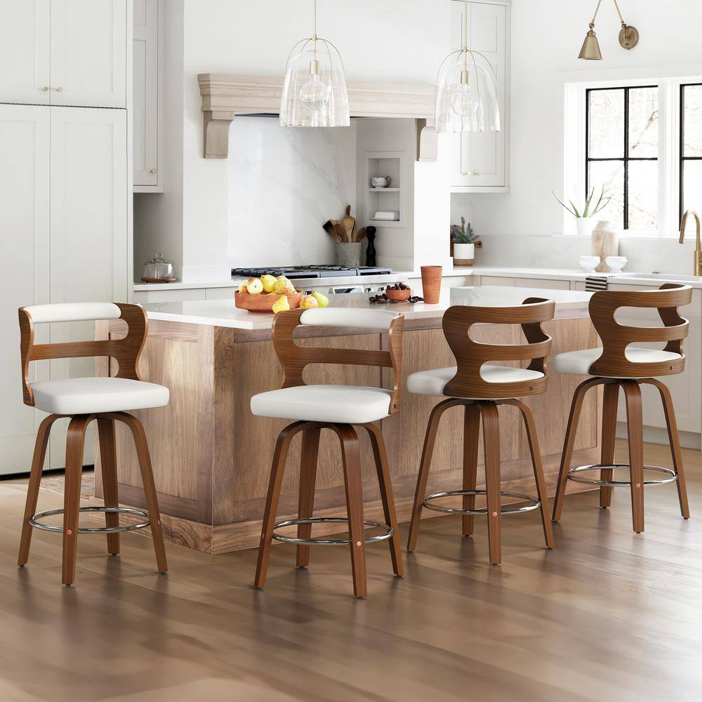 cozyman Arabela 26 in. White Solid Wood Swivel Bar Stool Faux Leather ...