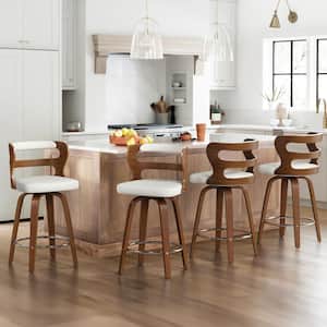 Arabela 26 in. White Solid Wood Swivel Bar Stool Faux Leather Kitchen Counter Stool with Walnut Frame Set of 4