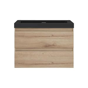 30 in. W x 19.5 in. D x 22.5 in. H Single Sink Wall Mounted Bathroom Vanity in F.Oak with Black Cultured Marble Top