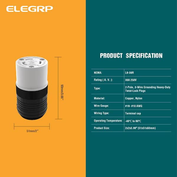 ELEGRP 30 Amp 250-Volt NEMA L6-30R Locking Connector, Industrial