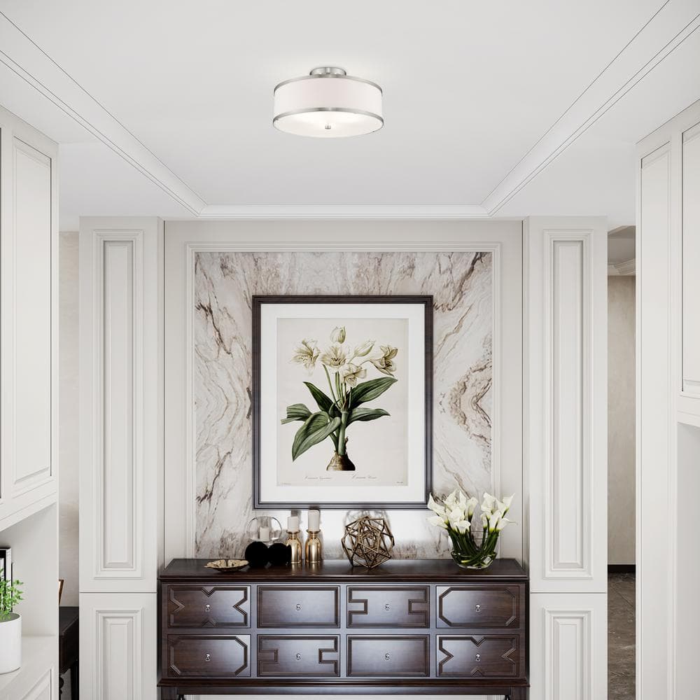 Brushed Nickel 3-Light Drum Ceiling Mount with White Hardback Shade