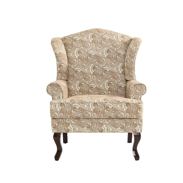 Mid-Century Retro Style Paisley Sand Linen Upholstered Wingback Arm Chair with Wooden Legs (Set of 1)