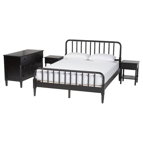 Baxton Studio Braith 4-Piece Black Wood King Bedroom Set with 2 Nightstands