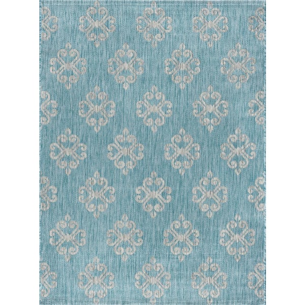 Tayse Rugs Veranda Geometric Aqua 8 ft. x 10 ft. Indoor/Outdoor Area Rug