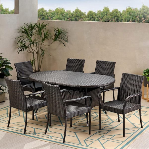 Noble House Barona 28.50 in. Multi-Brown 7-Piece Metal Oval Patio Outdoor Dining Set