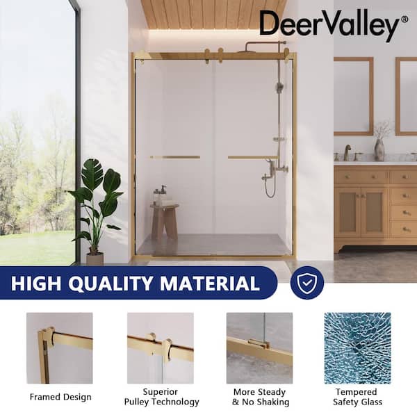DEERVALLEY 60 in. W x 76 in. H Double Sliding Framed Shower Door in Brushed Gold with 3/8 in. (10 mm) Clear Glass
