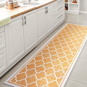 Trebol Moroccan Yellow/Cream 2 ft. x 10 ft. Trellis Textured Weave Indoor/Outdoor Area Rug