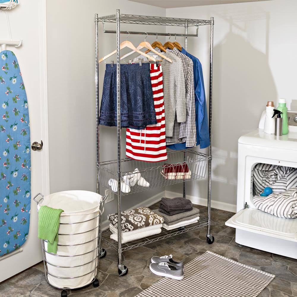 Chrome Rolling Laundry Station with Shelves and Hanging Bar