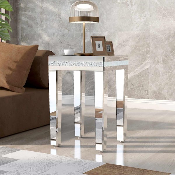 Polibi 15 in. Silver Square Glass Coffee Table with Crystal Design and Adjustable Height Legs