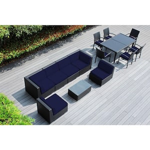 Ohana Black 14-Piece Wicker Patio Conversation Set with Stackable Dining Chairs and Sunbrella Navy Cushions