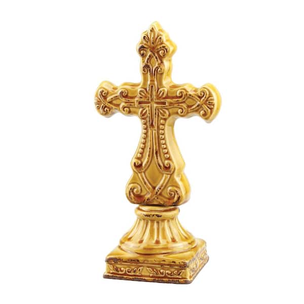 Stonebriar Collection 6.5 in. x 12 in. Worn Amber Ceramic Cross Pedestal