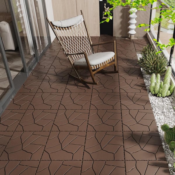 GOGEXX 12 in. W x 12 in. L Outdoor Imitation Stone Texture Plastic Interlocking Flooring Deck Tiles (Pack of 44 Tiles) in Brown