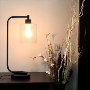 19 in. Bronson Antique Style Black Industrial Iron Lantern Desk Lamp with Glass Shade