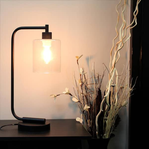 19 in. Bronson Antique Style Black Industrial Iron Lantern Desk Lamp with Glass Shade