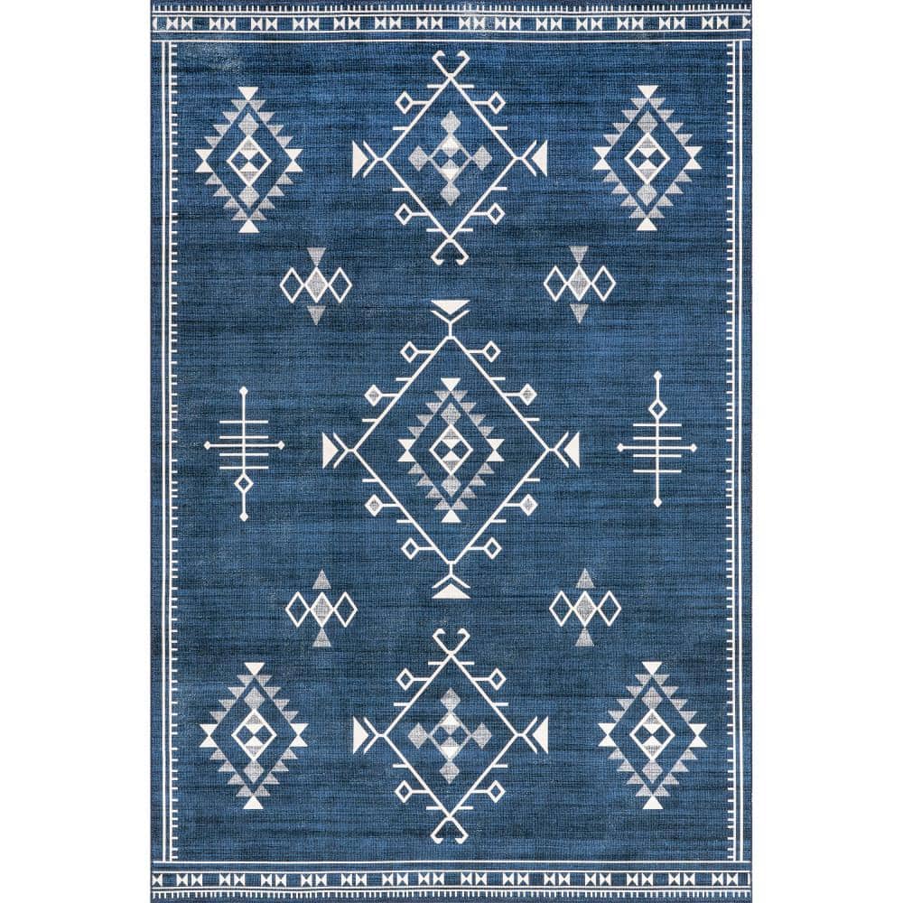Navy 4' x 6' Rectangular Washable Synthetic Area Rug