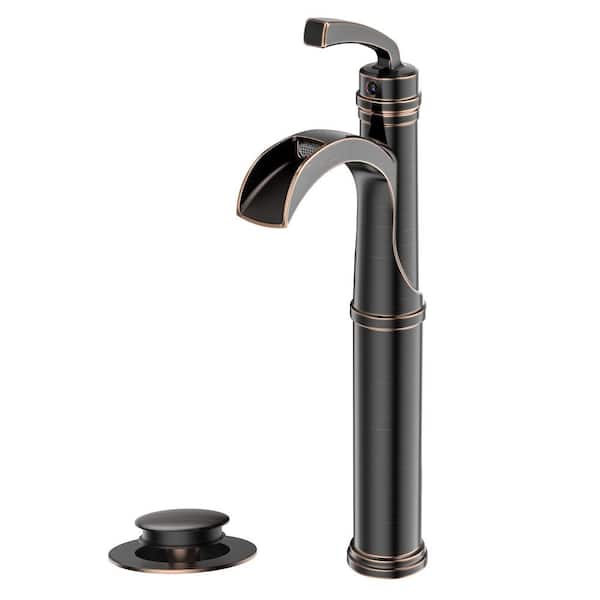 Waterfall Single Hole Single Handle Bathroom Vanity Faucet with Deckplate Pop Up Drain Included in Oil Rubbed Bronze