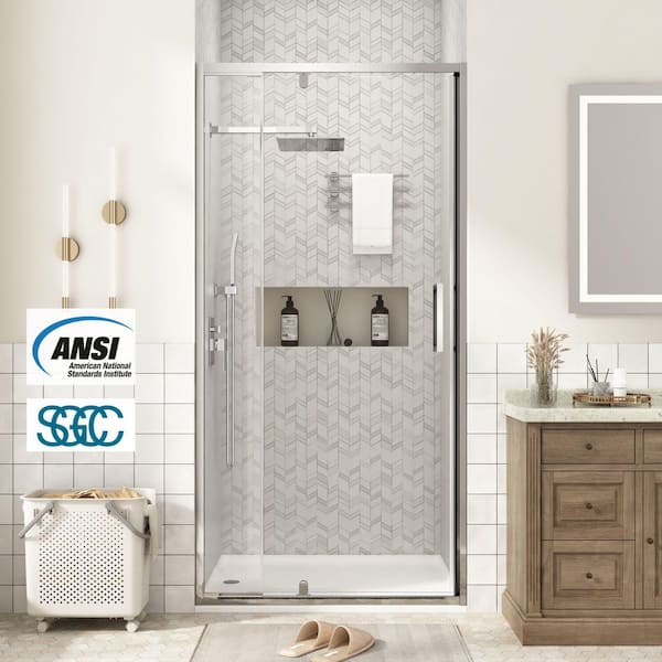 32 in. to 36 in. W x 72 in. H Framed Pivot Shower Door in Chrome with Clear Glass
