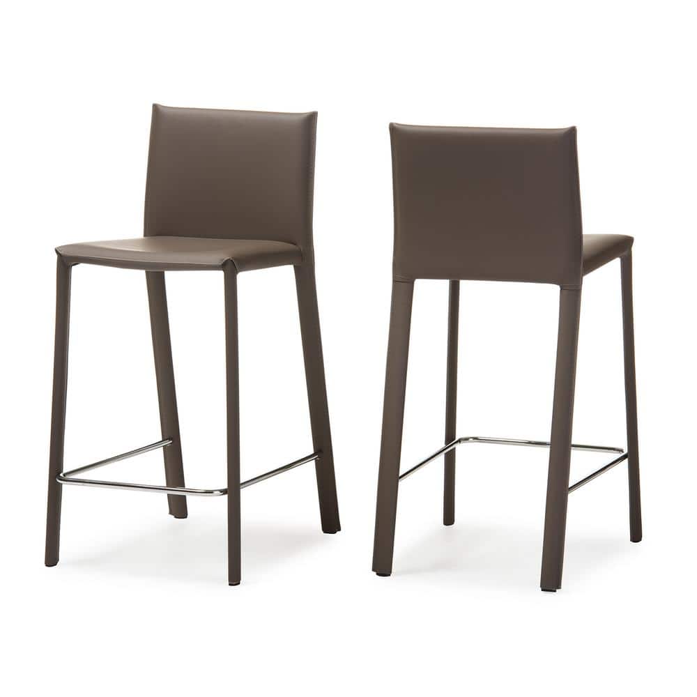 Crawford Contemporary Taupe Leather & Metal Counter Height Barstools, Set of 2