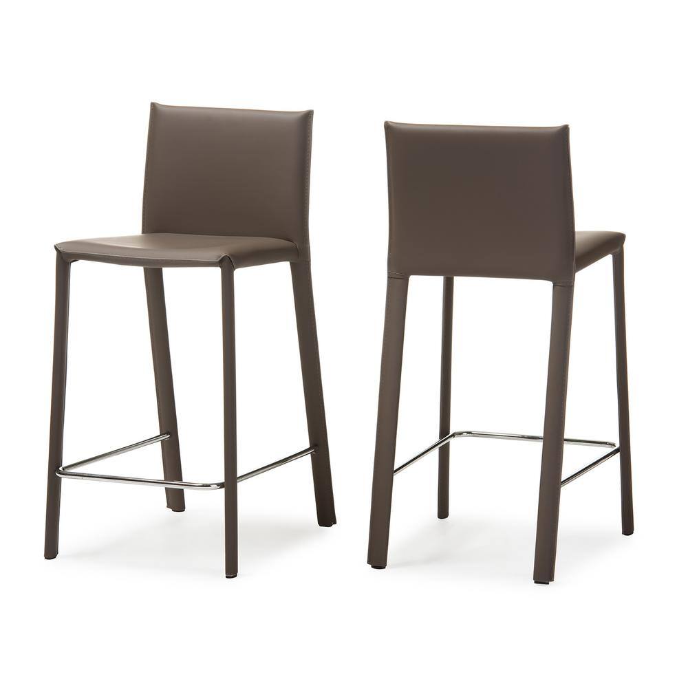 Crawford Contemporary Taupe Leather & Metal Counter Height Barstools, Set of 2