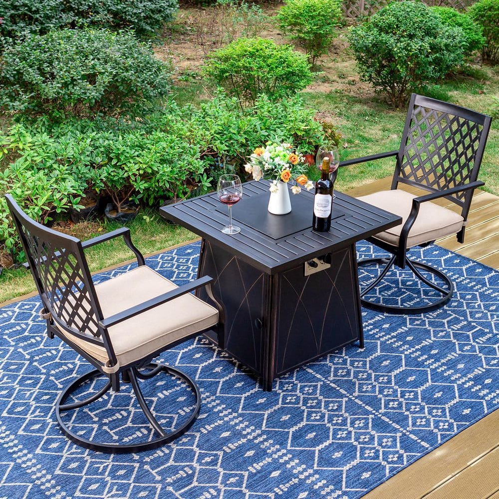 PHI VILLA 3-Piece Metal Patio Fire Pit Set, 2 Metal Back Swivel Rockers with Beige Cushion - 1