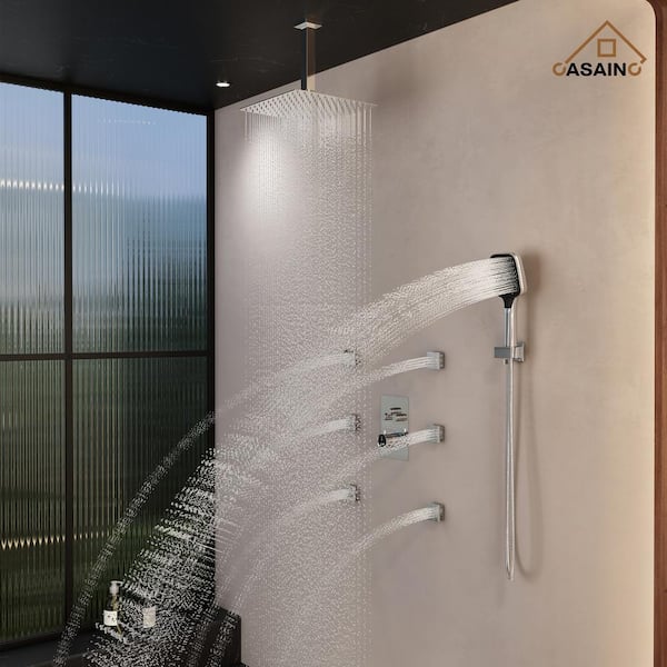 6-Spray Dual Shower Heads Ceiling Mount Fixed and Handheld Shower Head 2.5 GPM in Chrome 12 in. Rainfall Thermostatic