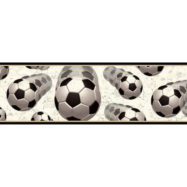 Chesapeake Beckham Black Soccer Balls Motion Black Wallpaper Border Sample