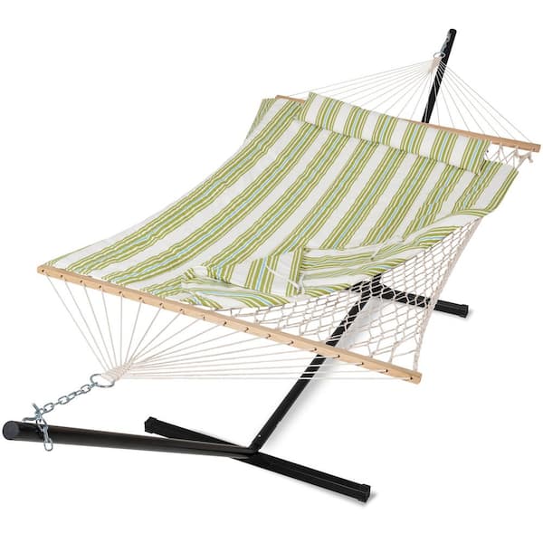 Atesun 10 ft. x 12 ft. Quilted Rope Hammock and 12 ft. Steel Stand with Detachable Pillow, Green and Beige