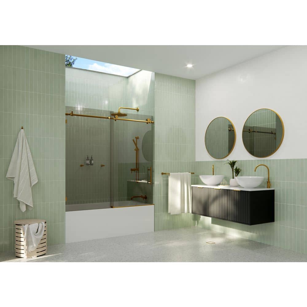 Equinox 60" Frameless Gray Glass Sliding Shower Door with Satin Brass Hardware
