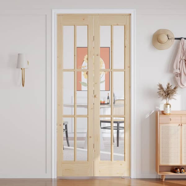 36 in. x 80 in. 6-Lite Clear Glass Solid Core Unfinished Spruce Wood Bi-Fold Door with Hardware