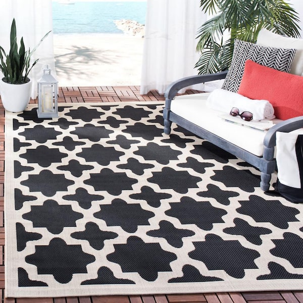Courtyard Black/Beige 5 ft. x 5 ft. Square Geometric Indoor/Outdoor Patio  Area Rug