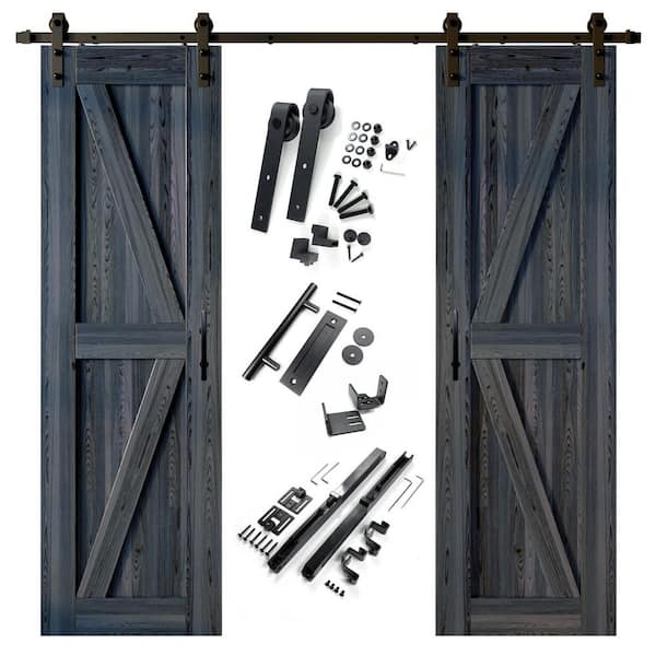 HOMACER 30 in. x 84 in. K-Frame Navy Double Pine Wood Interior Sliding Barn Door with Hardware Kit Non-Bypass