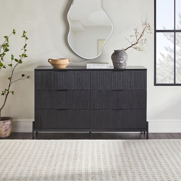 Walker Edison Furniture Company Mid-Century Modern Black 6 Drawer 58 in. W Dresser with Reeded Front