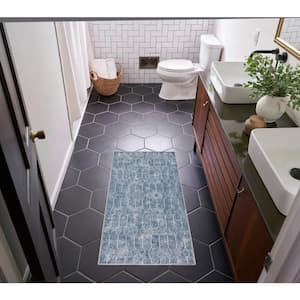 Blue Grey Doormat 2 ft. x 4 ft. Geometric Contemporary Machine Washable Series 1 Area Rug