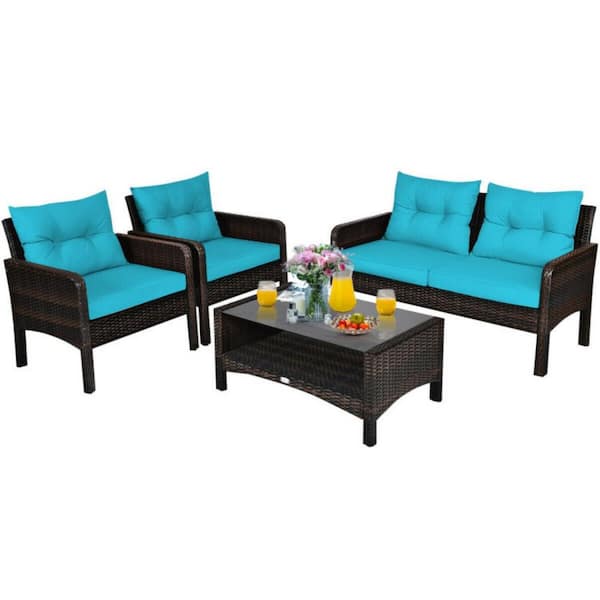 Clihome 4-Piece Wicker Patio Conversation Set Rattan Sofa Set with Turquoise Cushions and Coffee Table