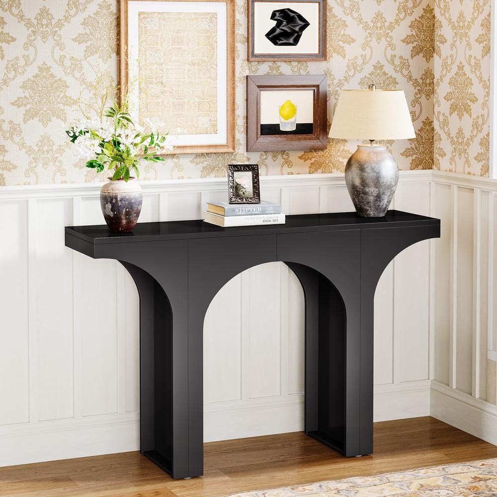 Black Wood 47-Inch Console Table with Arched Base