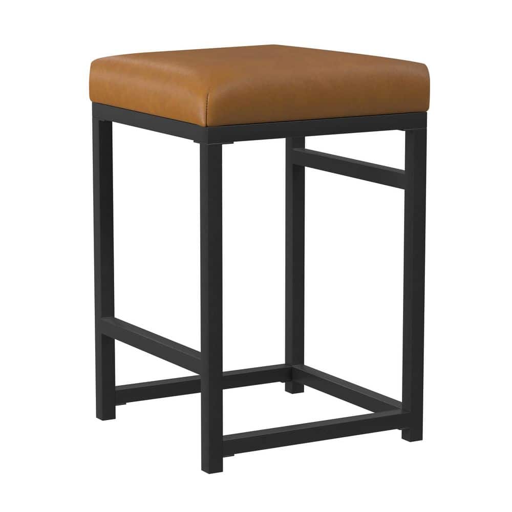 24" Black Metal Counter Height Stool with Carmel Faux Leather Seat