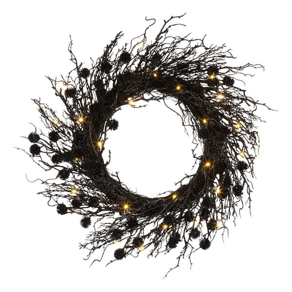 24 in. Deadwood Wreath with 30 Orange Battery-Operated LED Lights