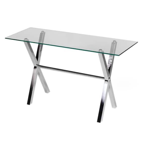 Benjara Tia 51 in. Rectangular Clear Tempered Glass Top Writing Desk with Silver legs