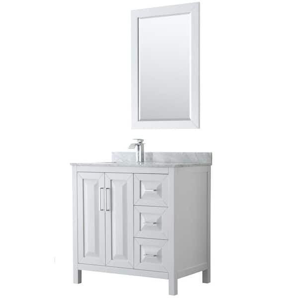 Wyndham Collection Daria 36 in. Single Bathroom Vanity in White with Marble Vanity Top in Carrara White and 24 in. Mirror